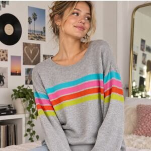 Arizona Jean Co Rainbow Stripe Sweater L Y2K Style 100% Cotton Gray Neon